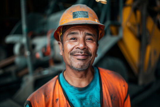 Smiling construction worker in hard hat at work site. Generative AI image