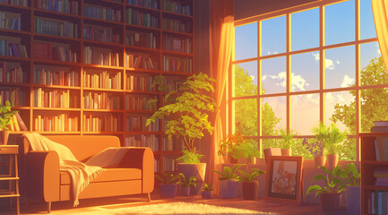 Sunset moment lofi image of a minimal room interior, 2d interior anime theme lofi image