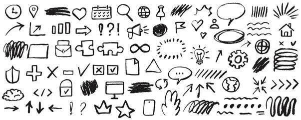 Chalk scribble doodle arrow, line elements set. Crayon arrow, underline, handwritten mark check. Rough hand drawn marker sketch with brush grunge texture. Vector illustration of kids pencil drawing.