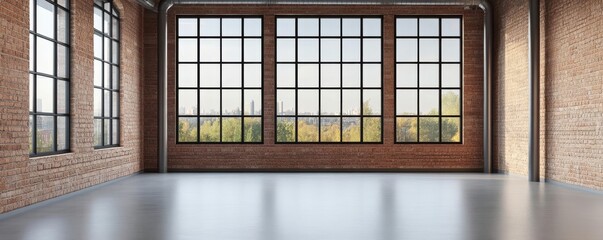 Industrial loft with large, metal-framed windows and exposed brick walls, natural light, urban living
