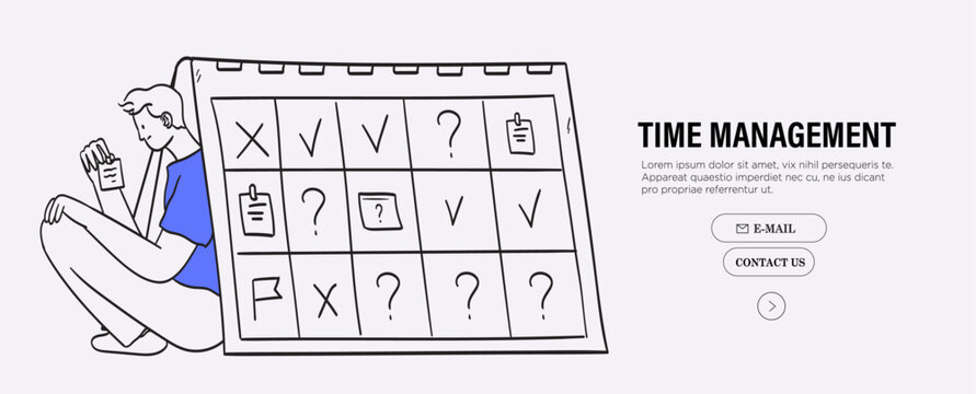Man sitting under calendar set tasks priority and project goals. Employee or businessman scheduling meetings and planning work tasks. Concept of low productivity, work stress and procrastination.