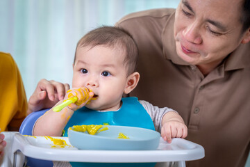 A woman feeds a baby in a high chair. The baby is wearing a bib and is eating food. The scene is warm and loving, with the woman and baby sharing a special moment together