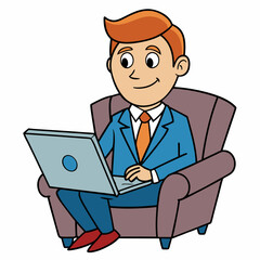 Vector Illustration of Businessman Sitting in Armchair with Laptop on White Background