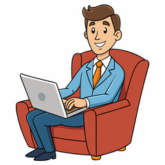 Vector Illustration of Businessman Sitting in Armchair with Laptop on White Background