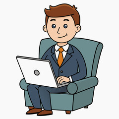 Vector Illustration of Businessman Sitting in Armchair with Laptop on White Background
