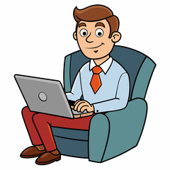 Vector Illustration of Businessman Sitting in Armchair with Laptop on White Background