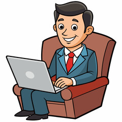 Vector Illustration of Businessman Sitting in Armchair with Laptop on White Background