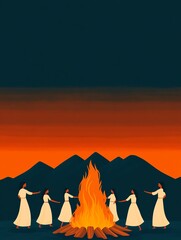Fototapeta premium Five women in white dresses dance around a bonfire at sunset.