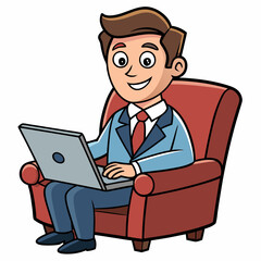 Vector Illustration of Businessman Sitting in Armchair with Laptop on White Background
