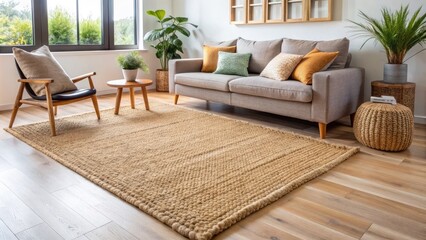 Fototapeta premium Natural fiber jute rug with a woven, organic design and earthy tones adds warmth and texture to a modern, minimalist living room interior.