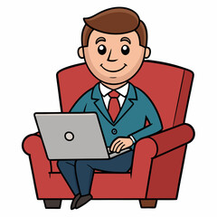 Vector Illustration of Businessman Sitting in Armchair with Laptop on White Background