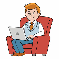 Vector Illustration of Businessman Sitting in Armchair with Laptop on White Background