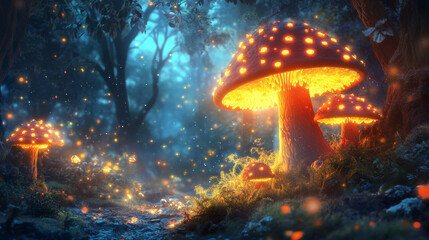 Glowing mushrooms in a fantastical night forest.4