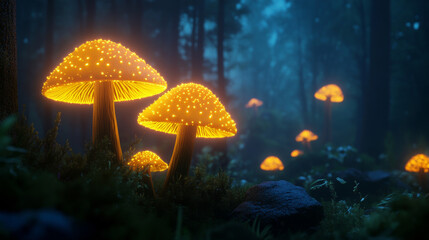 Fototapeta premium Glowing mushrooms in a fantastical night forest.4