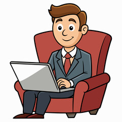 Vector Illustration of Businessman Sitting in Armchair with Laptop on White Background