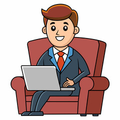 Vector Illustration of Businessman Sitting in Armchair with Laptop on White Background