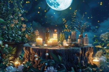 Obraz premium A group of candles sits atop a decaying tree stump, providing a warm and cozy ambiance