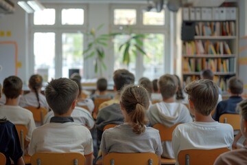 Obraz premium Group of diverse school children sitting in the classroom and listening to the teacher