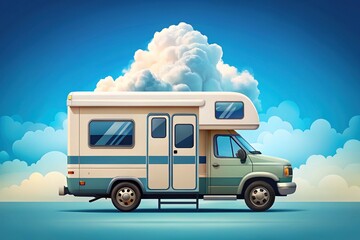 A stylized illustration of a truck with a camper attached, set against a bright blue background with white clouds, symbolizing freedom and adventure travel.