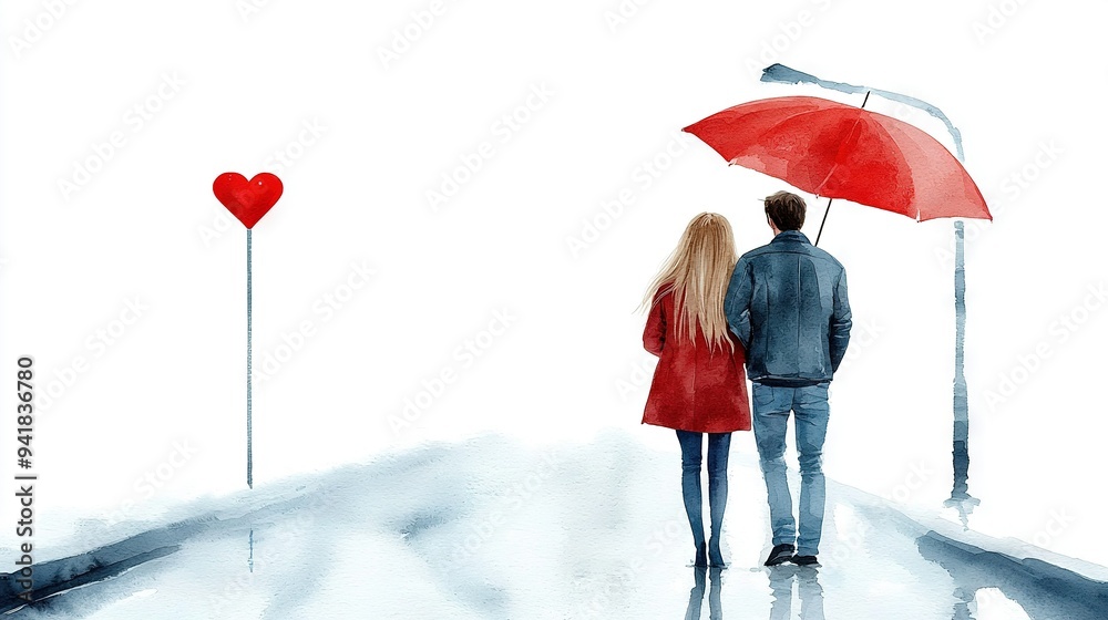 Wall mural  Man and woman under umbrella gaze red heart on street light