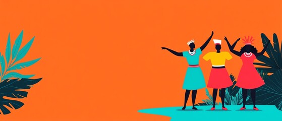 Fototapeta premium Three women in colorful dresses dancing against an orange background with tropical foliage.
