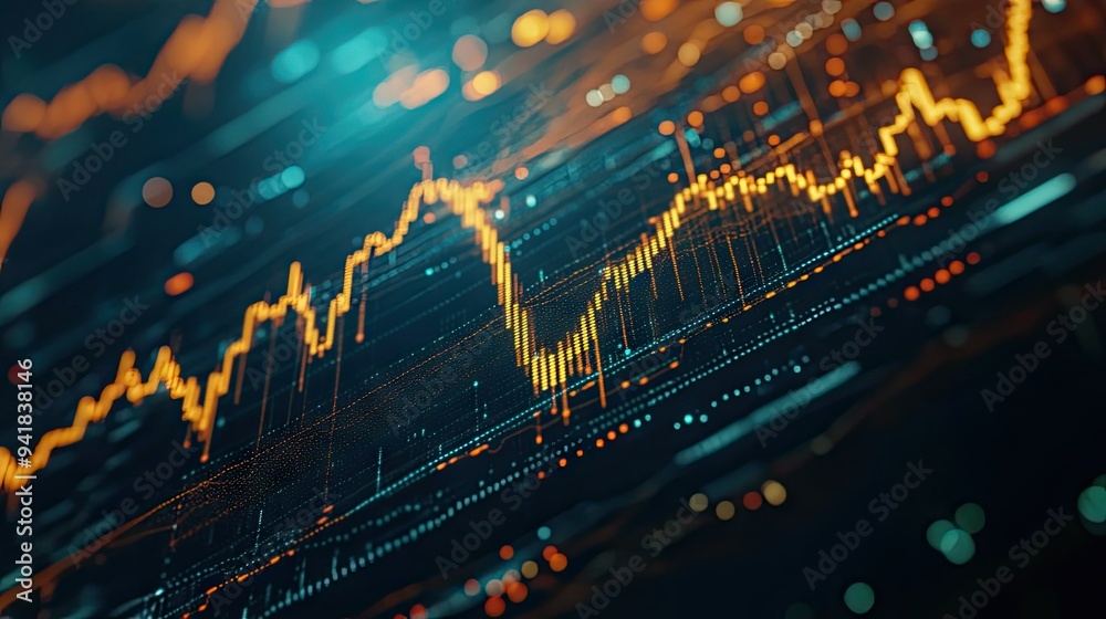 Poster close-up of a stock chart with dynamic candlestick patterns and fluctuating lines on a digital scree