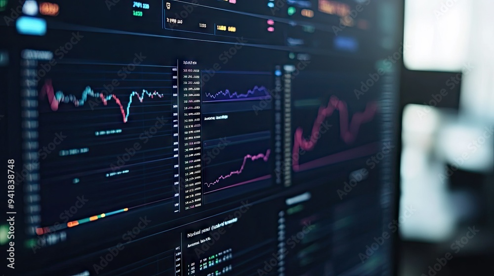 Poster close-up of a stock trading dashboard with multiple charts showing various stock performance metrics