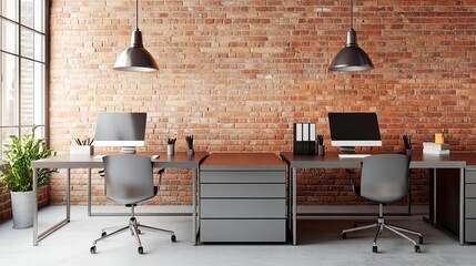 Loft office with metal desks and brick walls, creative workspace, industrial vibe
