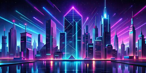 Neon Cityscape: Edgy, energetic, electric blues and purples, geometric shapes, urban skyline