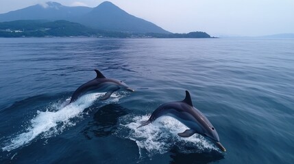 Naklejka premium Two Dolphins Leaping in the Ocean