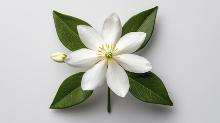 A beautiful white flower with green leaves, symbolizing purity and tranquility. flowers delicate petals and vibrant yellow center evoke sense of calm and serenity.