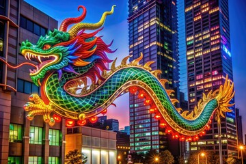 Fototapeta premium Neon Dragon DTLA: Vibrant, futuristic, urban, abstract shapes