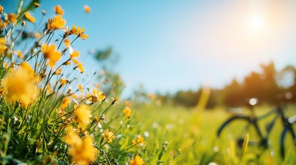 Obraz premium A sunny, breezy spring day with flowers blooming, birds singing, and a clear blue sky above