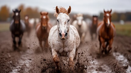 Captivating scene of a white spotted horse leading a herd as they race towards the camera, kicking up mud and forming a striking tableau of raw animal energy.