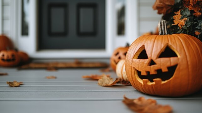 Charming Halloween scene featuring carved jack-o'-lanterns arranged on a porch, surrounded by autumn leaves, creating a festive atmosphere perfect for the fall season.