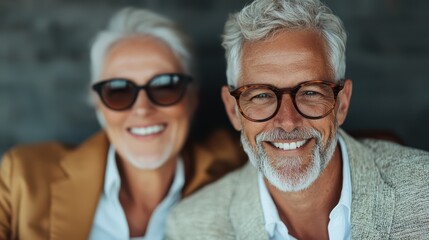 An engaging photograph of a senior couple wearing glasses, smiling warmly, dressed in stylish outfits. Their expressions and the warm tones evoke a sense of elegance and happiness.