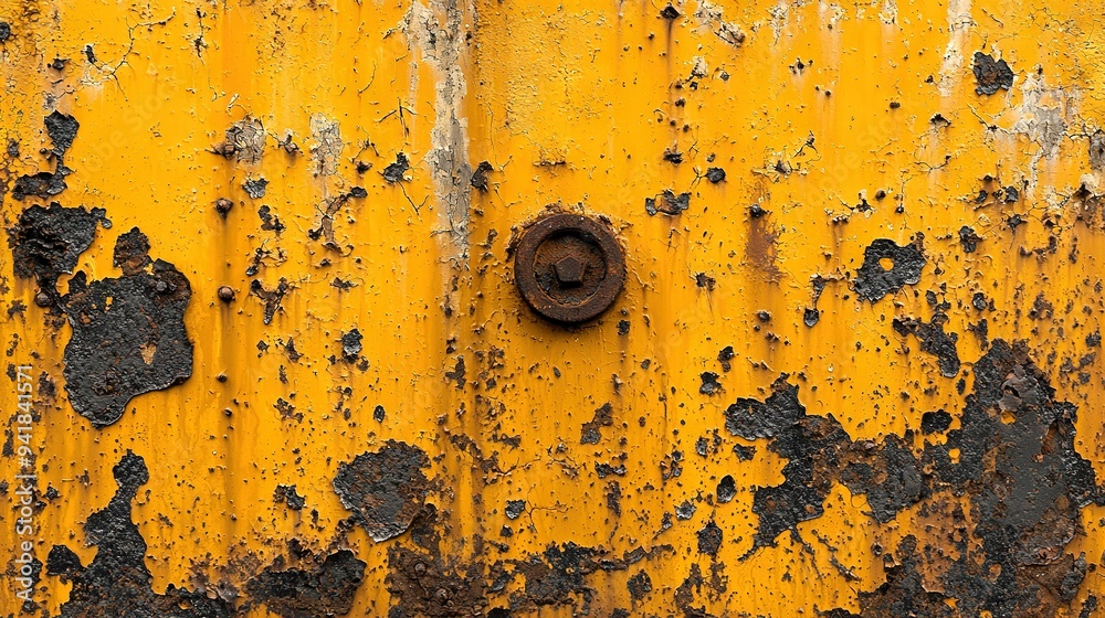 Wall mural a close-up of a yellow door with a rusty circular hole in its center