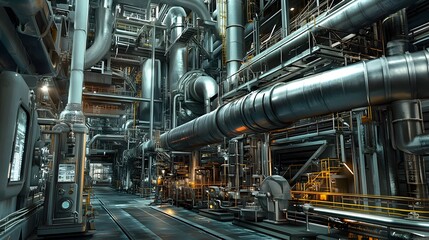 Depiction of an industrial plant with numerous pipes and machinery, showcasing the advanced technology used in oil production