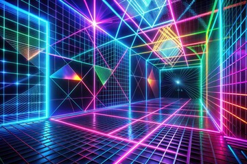 Obraz premium Neon Grid: Fluorescent lines, geometric shapes, holographic pen ink, futuristic aesthetic