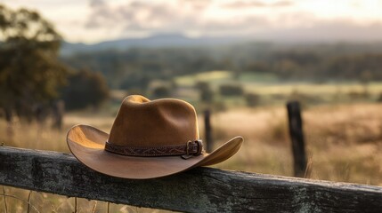 Close-up of a vintage cowboy hat with a leather band, placed on a rustic wooden fence with a country landscape