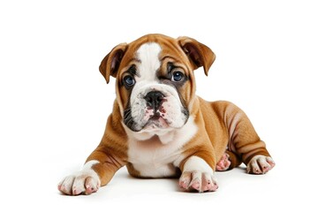 A brown and white dog is lying down on a white surface