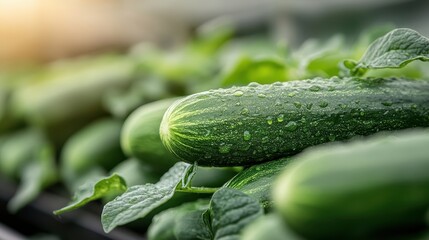 This close-up image showcases a green cucumber plant covered in fresh water droplets, highlighting its freshness and the process of nature and growth in a beautiful and vibrant scene.