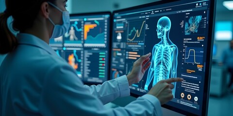 A healthcare professional analyzes AI-driven screens that display complex medical algorithms and data visualizations, helping predict and track disease progression. 