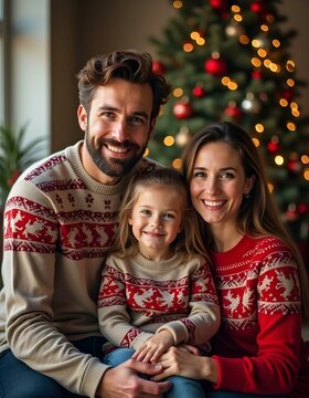 A heartwarming family portrait in Christmas-themed attire, posing in front of a decorated tree with subtle holiday decorations and warm lighting.