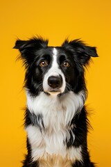 Fototapeta premium A close-up shot of a dog's face on a bright yellow background