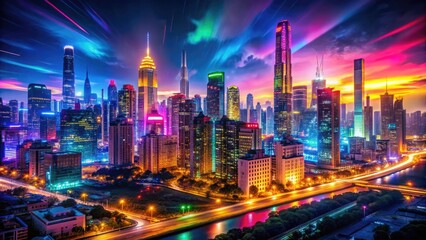 Obraz premium Neon Nightscape: Blazing neon colors, city skylines, urban landscapes, vibrant, energetic, lively