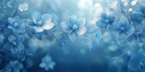 Delicate Blue Flowers and Leaves on a Soft Blurred Background