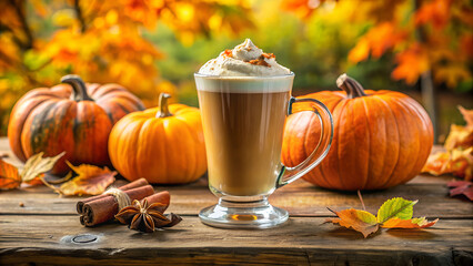 Glass cup with tasty pumpkin spice latte surrounded by autumn leaves, assorted pumpkins, spices on a wooden rustic table, countryside