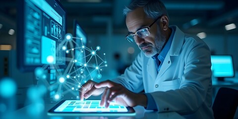 A middle-aged scientist of Middle Eastern descent, engaged in research in a modern laboratory, showcasing dedication and expertise in their field.