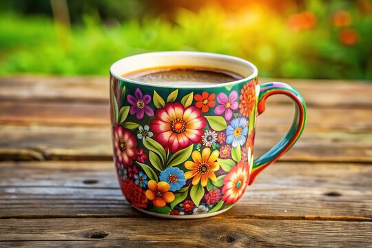 A warm and inviting ceramic coffee mug, adorned with a vibrant floral pattern, sits on a rustic wooden table, filled with freshly brewed morning coffee.